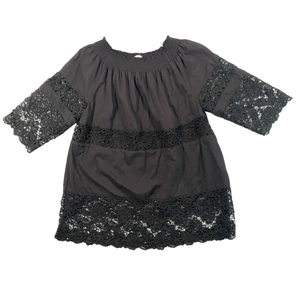 Chicos Black Lace Panel Blouse Smocked Neck Cotton Modal Top Size 2 L Large